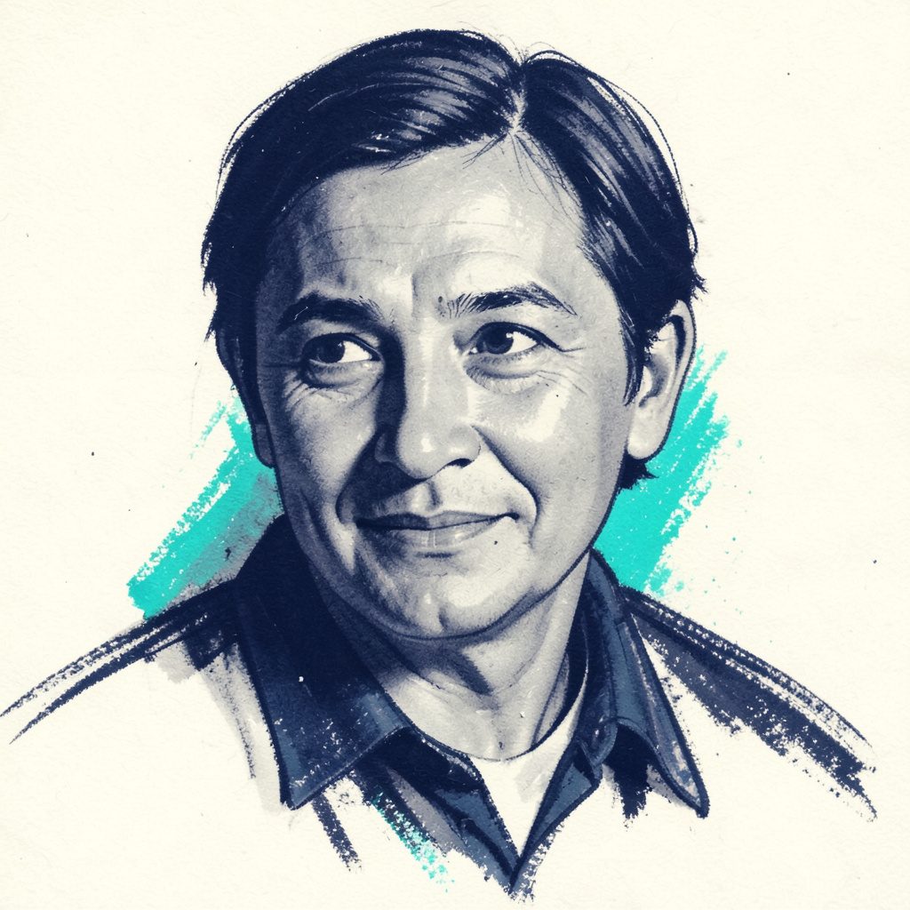 A bold charcoal portrait sketch of a person with a warm, thoughtful expression, drawn in soft gray and deep navy strokes