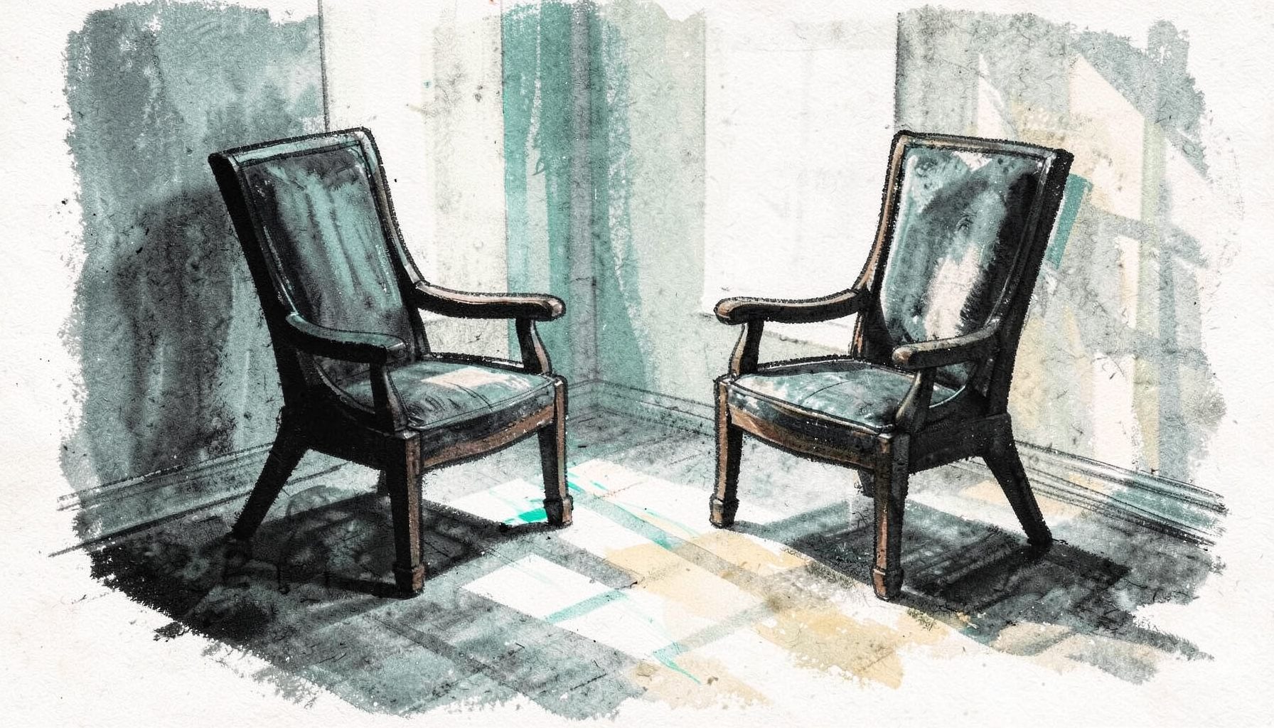 A bold charcoal-style drawing of two chairs facing each other in an airy room, with soft natural light spilling across the floor in calm gray and white tones