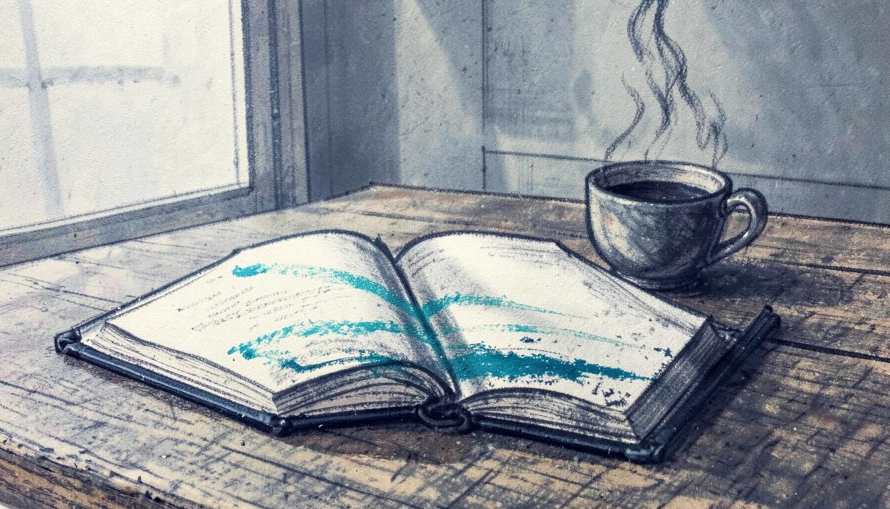 A charcoal drawing of an open notebook on a wooden table beside a steaming cup, with soft window light casting gentle shadows