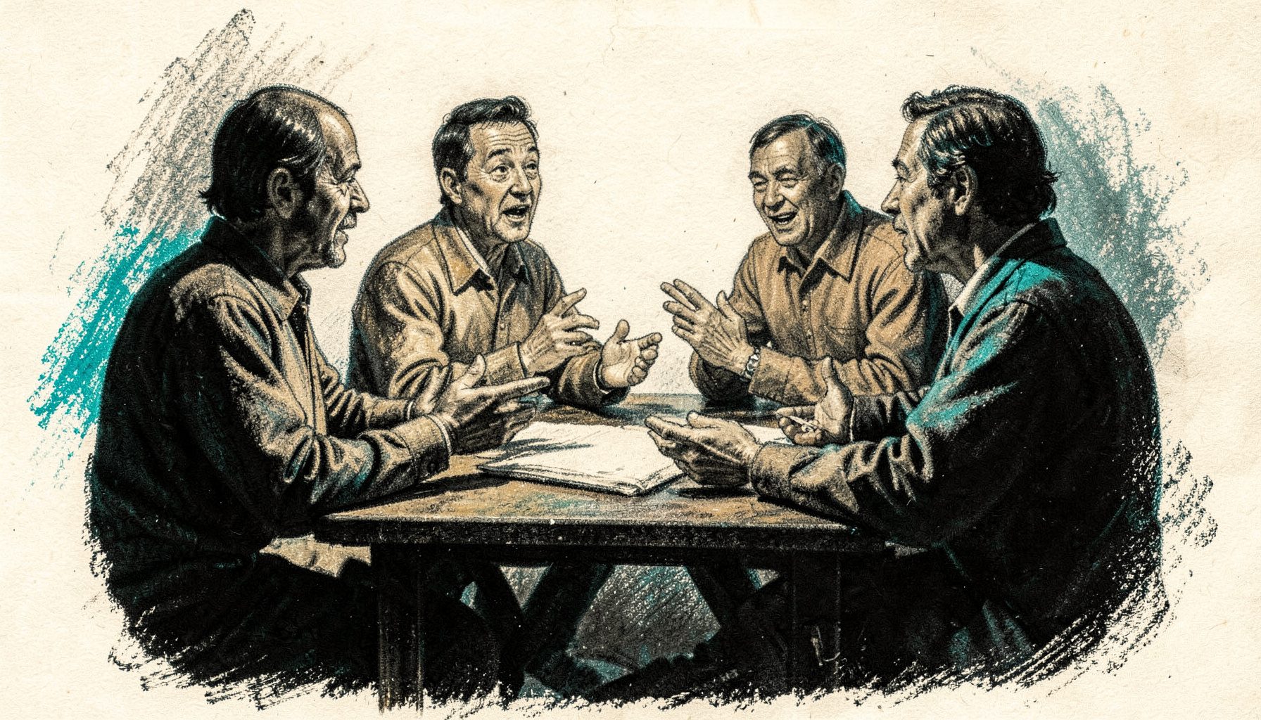 A charcoal-style illustration of a small gathering around a low table, hands gesturing in animated discussion, with warm tones
