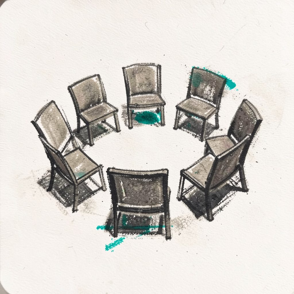 A small charcoal illustration of a circle of chairs in warm gray tones