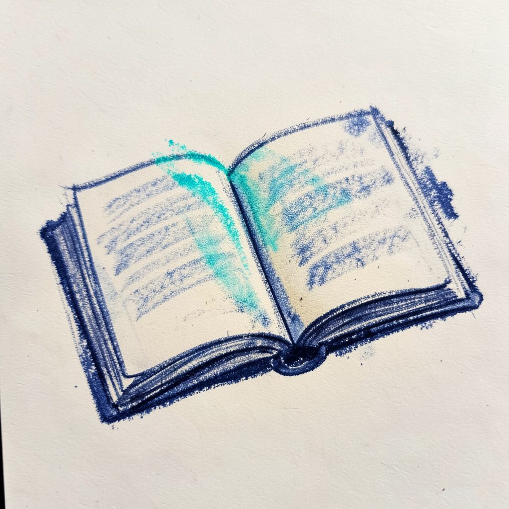 A small charcoal sketch of an open book with soft navy and cream tones