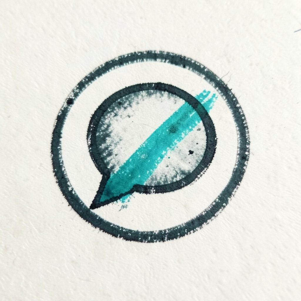A small circular emblem drawn in bold charcoal strokes, featuring an abstract speech-bubble silhouette