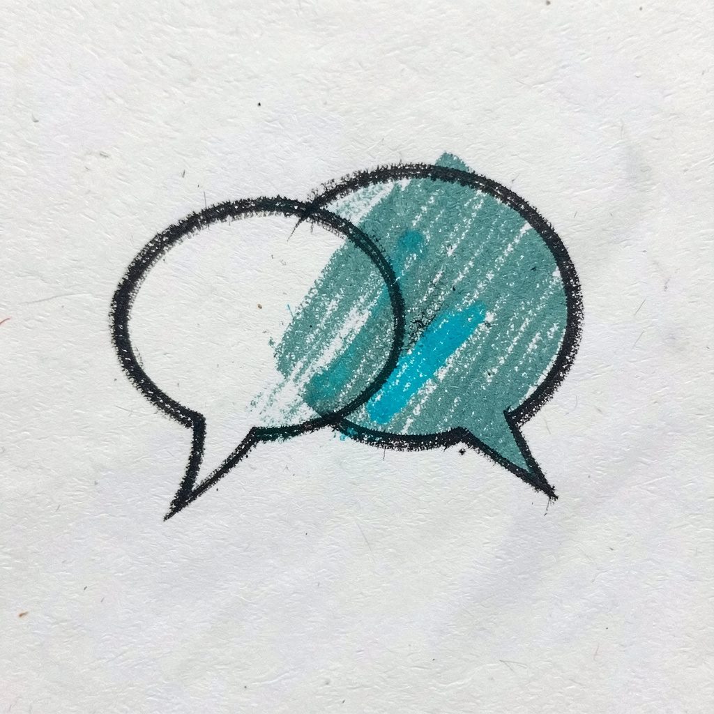 A tiny charcoal drawing of two overlapping speech bubbles in muted teal